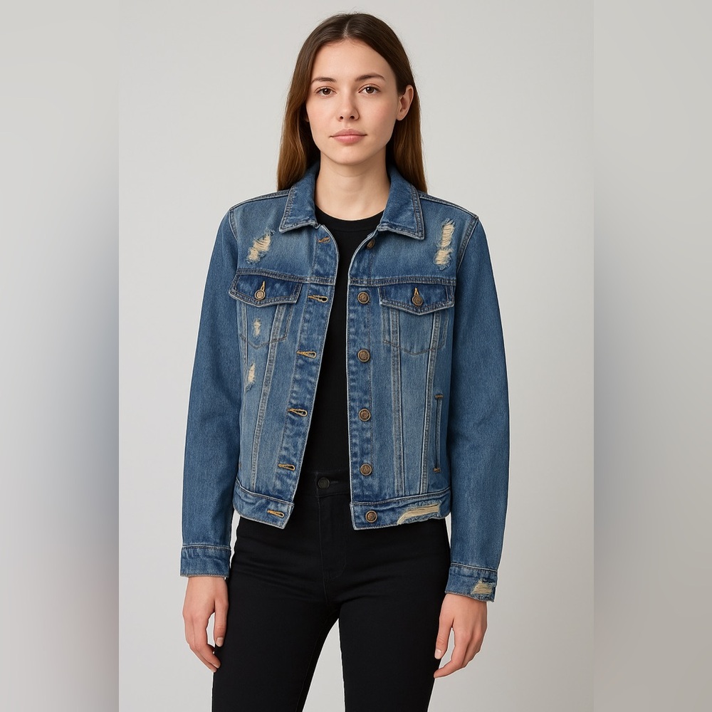 Sneak Peek Distressed Denim Jacket Women’s‎ Size Small Blue Button Front
